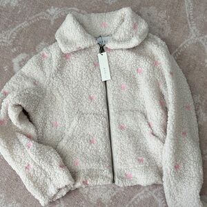 MABLE Cream and Pink Bow Sherpa Jacket L